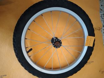 Kids bicycle front rim, inner tube, and tire. Used, but still is in good condition. Easy replacement if yours is flat.
