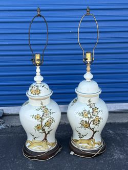 Pair Vintage Porcelain Hand Painted Lamps Trees