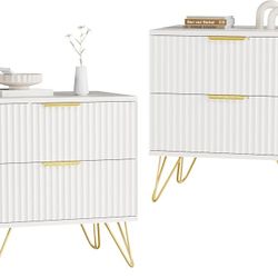 White Nightstand Set of 2, Modern Night Stand Bedside Table with 2 Storage Drawer, Bed Side End Table with Golden Handles and Legs for Bedroom, White