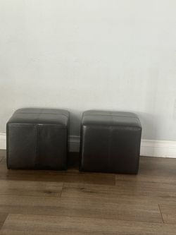 Set of 2 Dark Brown Leather Cube Ottomans