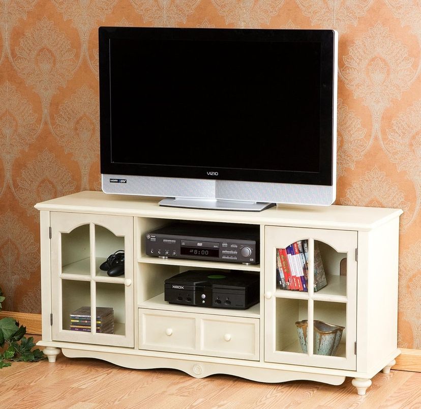 Covetry Large TV Console - Windowpane Cabinets w/ Shelves - Antique White Finish