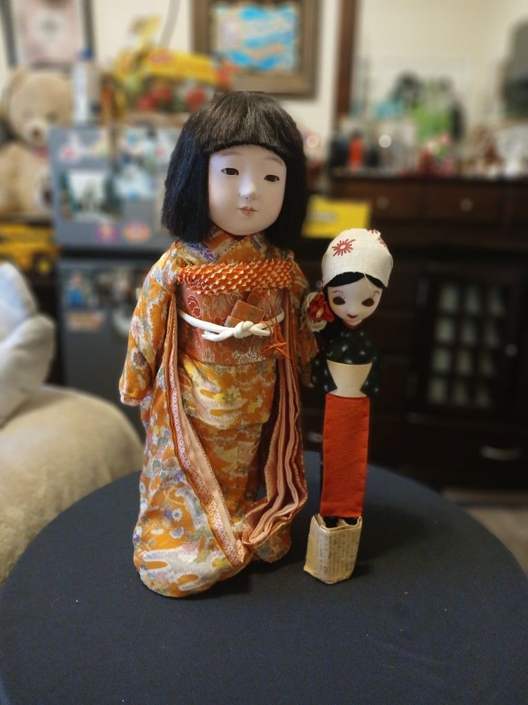 Traditional 17" Ichmatsu Doll With Glass Eyes And companion Soft Bodied Cloth Doll.