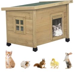 New-Agitree Outdoor Wooden Pet House, Weatherproof Winter Shelter for Dogs and Cats, Elevated Design with Window (Yellow, 22.56 * 17.71 * 16.73)