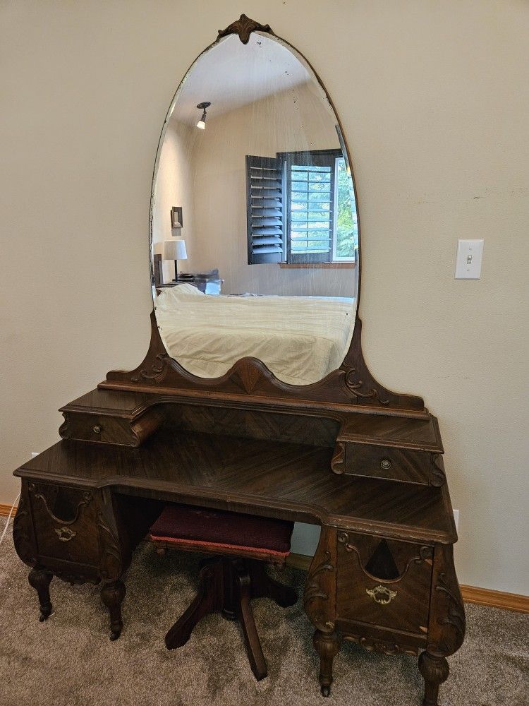 Antique Wood Vanity With Mirror And Stool