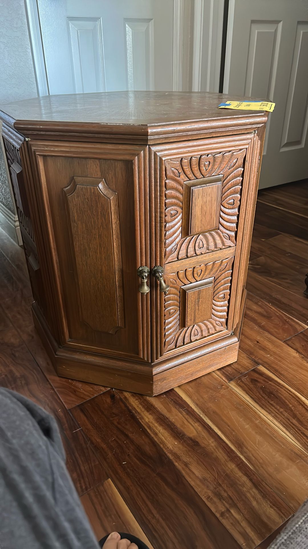 2 Octagonal End Tables. Carved Wood.