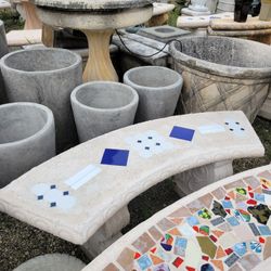 Concrete Mosaic Tile Inlay Curved Benches / Cement Garden Patio Bench / Outdoor Patio Furniture