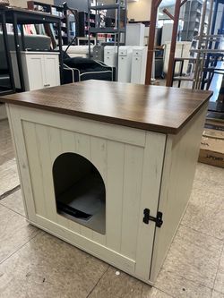 SONGMICS Litter Box Enclosure Cat House Lockable Front Door - Rustic White / Honey Brown