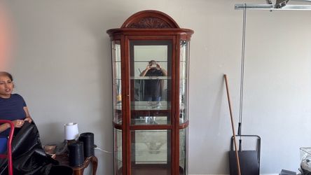 Large wood  mirrored cabinet with glass shelves