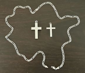 Sterling Silver Figaro Chain 24in Necklace, Sterling Silver Cross, Steel Cross