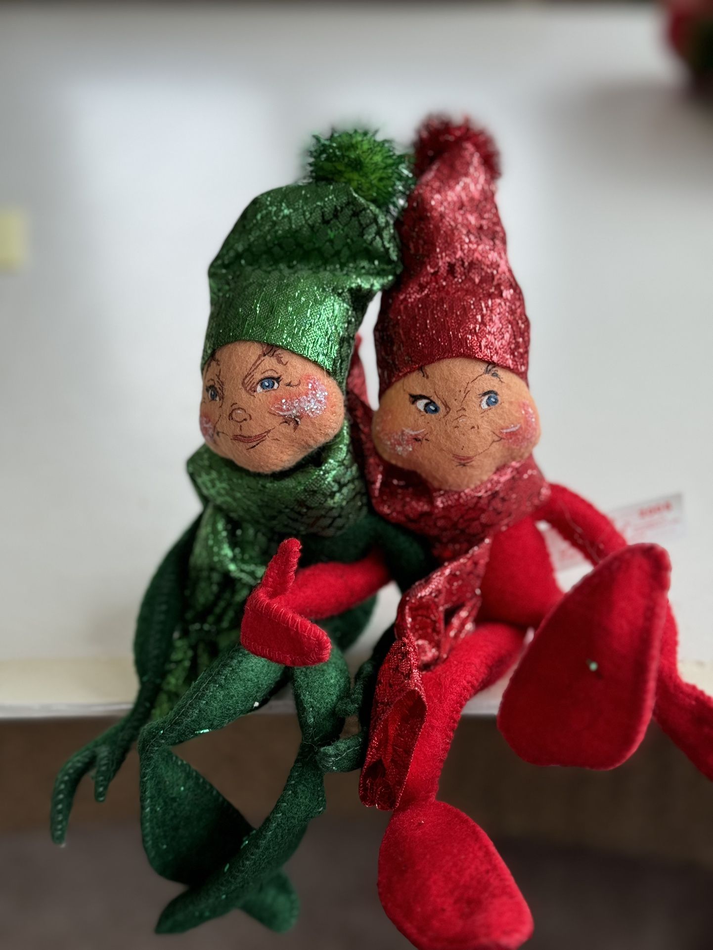 Annalee 12” posable Elves Shimmery Red and Green (set of 2). Made in USA