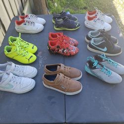 9 pairs of Boys / Youth Tennis Shoes/ Cleats and Motorsport Shoes - All size 12