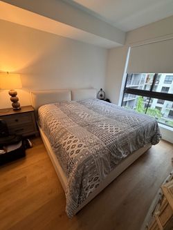 POVISON King Upholstered Platform Bed – Like New – $900 OBO + Mattress