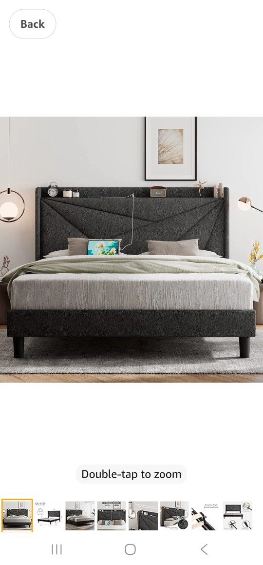 Feonase King Size Bed Frame with Charging Station, Upholstered Platform Bed Frame with Wingback Storage Headboard, Solid Wood Slats Support,