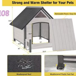 😀 Aivituvin AIR87 Dog House Outdoor with Metal Frame, Dog Kennel Outside for Small to Medium Breed, 45" Weatherproof Large Dog Shelter with Anti-Chew
