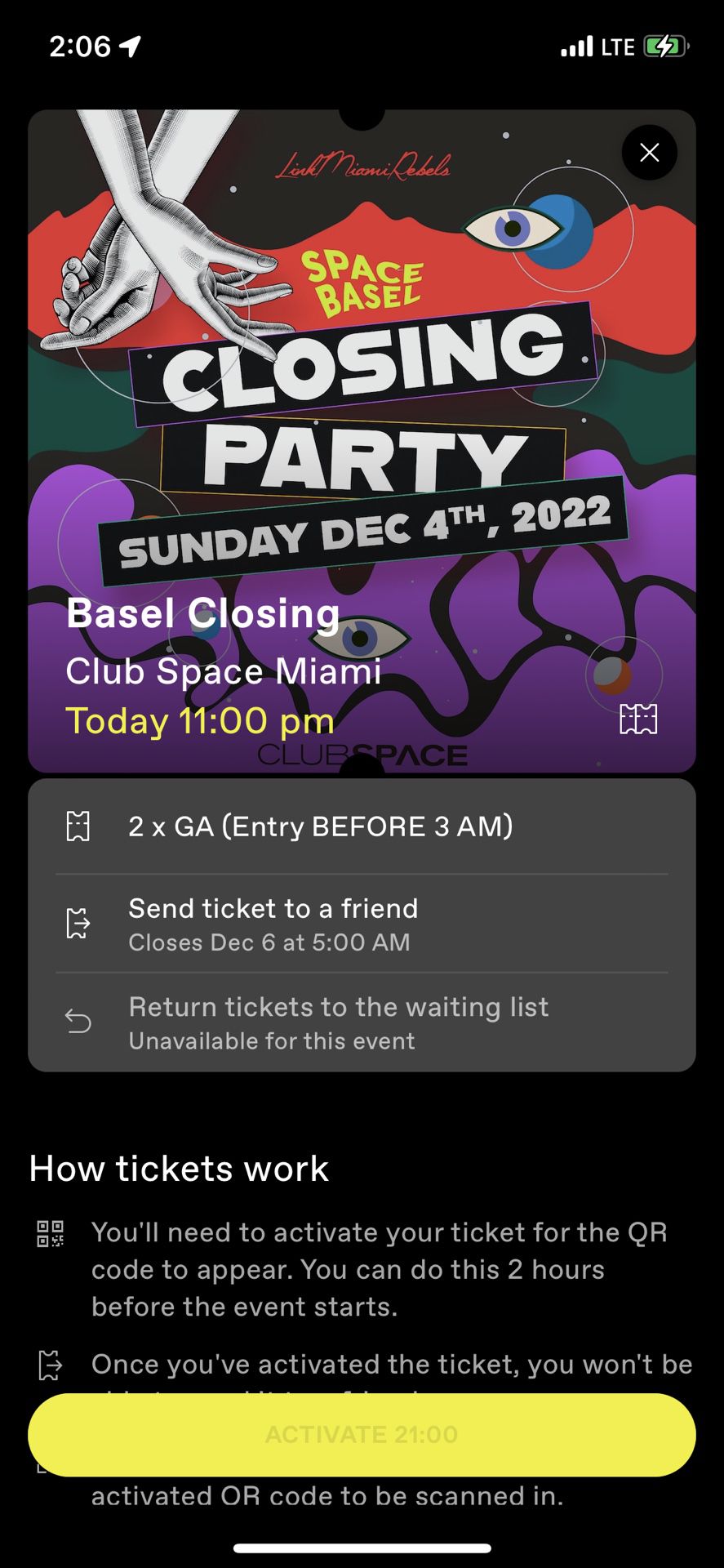 CLUB SPACE Two General Admission Tickets Before 3AM