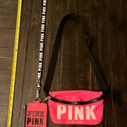 Victoria Secret Pink Bundle Hot Pink Belt Fanny Pack-& Pink Lanyard w/card Holder