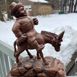 Vintage Jose Pinal Wood Carved Sculpture of Sancho Panza on a Donkey
