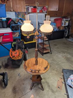 Vintage Mid-Century Wood & Brass Double Hurricane Floor Lamp w/ Built-in Table