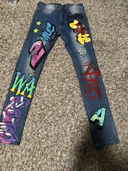 Skinny Ripped Graffiti Style Jeans Size 30