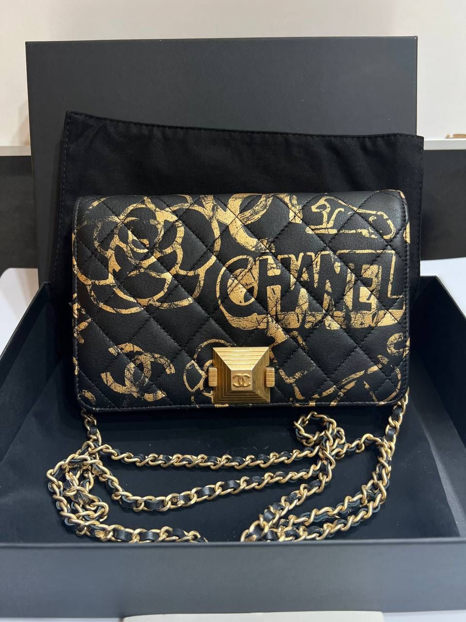 Chanel Graffiti Wallet on a Chain black and gold