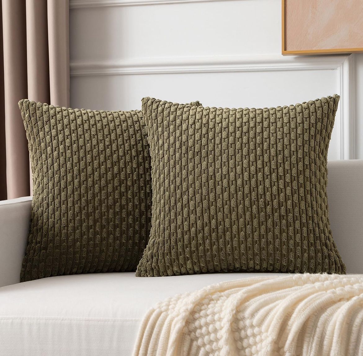 Fall Pillow Covers 26x26 Inch Olive Green. Otoño fundas de almohada 26x26 pulgadas, verde oliva.