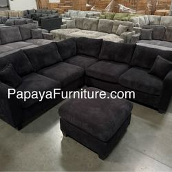 New! Black Sectional Sofa And Ottoman, Black Couch, Black Corduroy Sectional. L-Shaped Sofa, Couch, Sectionals, Black Sofa, Black Sectional,Plush Sofa