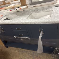 Home Decorators Collection Everett 61 in. Double Sink Agean Blue Bath Vanity with White Carrara Marble Top (Assembled)