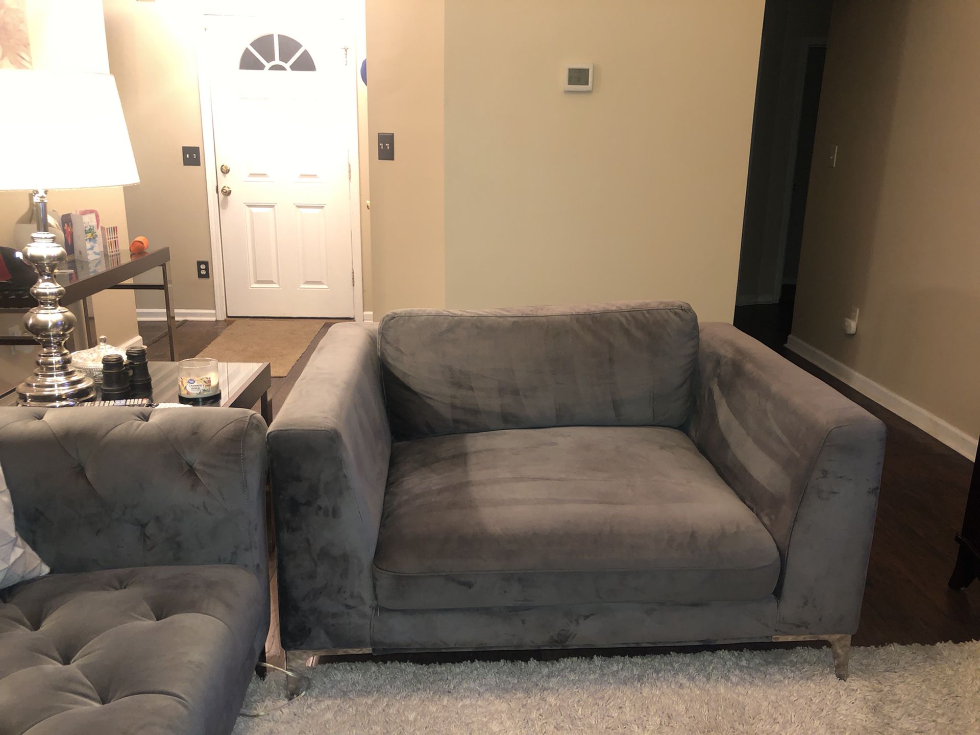 Value City Grey Tufted Suede Couch And Over sized  Chair