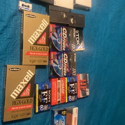 4 new cassettes  player  2 set 2 pack cassete players  5 VHS C  2 new vhs Maxwell  gold  1 record  cassette