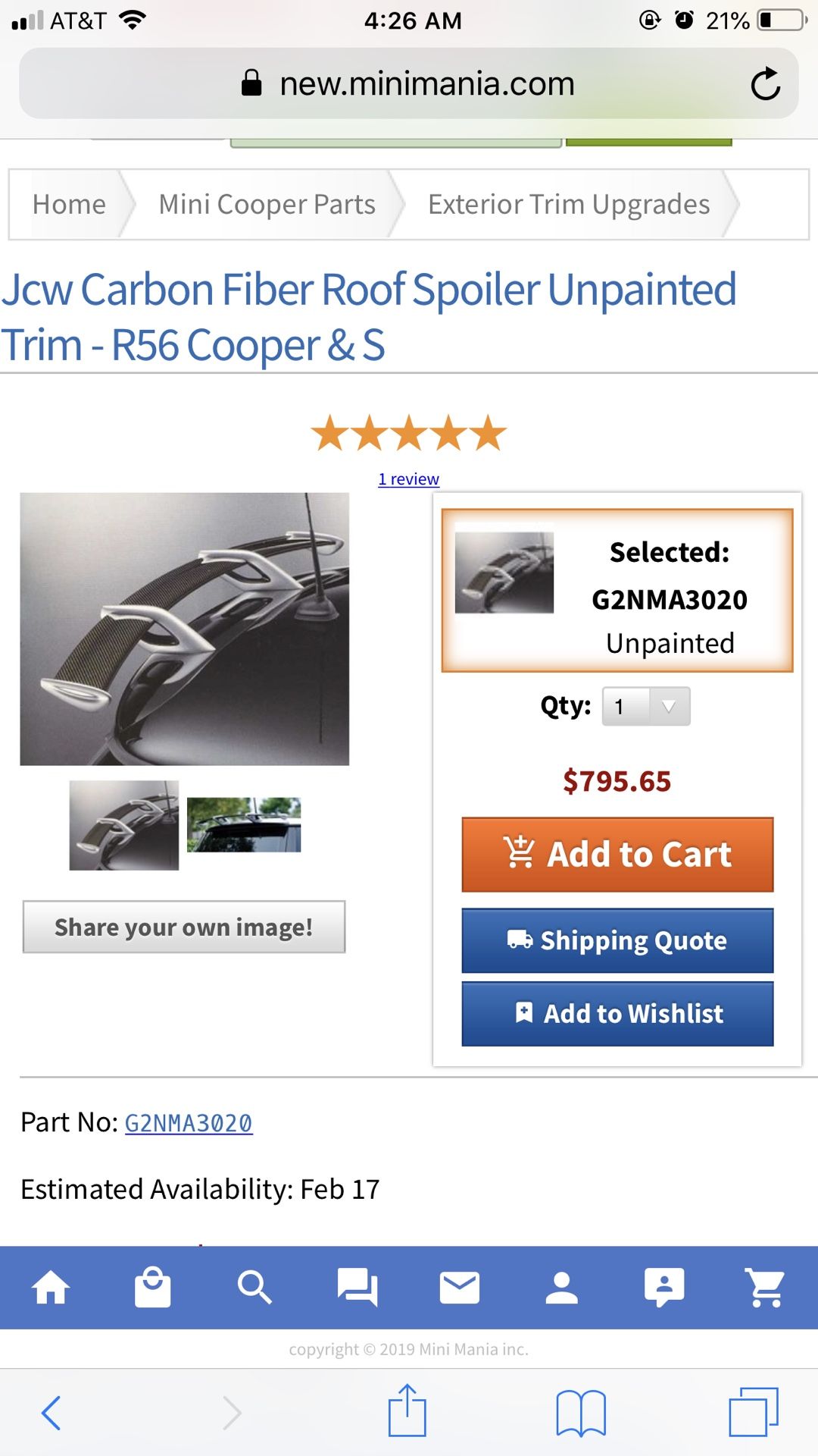 Mini Cooper r56 Jcw Spoiler RARE