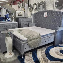 New Olivia Grey King Or Queen 4pc Bedroom Set With Dresser Mirror Nightstand Bed Frame Without Mattress Includes Free Delivery