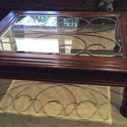 Wood coffee table with Metal Scroll Inlay