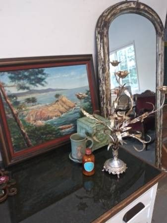 $5&up Vint Cast Iron Table Glass Shelves French Gold Mirror Fluer de lis Brass Candlestick Crock Hollywood Box Porcelain Botanical Lamp & MORE ⬇️READ