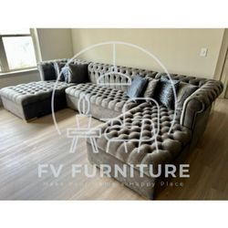 BRAND NEW DOUBLE CHAISE VELVET TUFTED SECTIONAL 