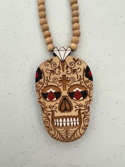 Wooden sugar skull necklace with red & black accents and cross design #sugar #skull #halloween