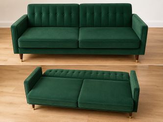 Emerald Green Velvet Convertible Sofa Bed – Mid-Century Modern – Twin Sleeper