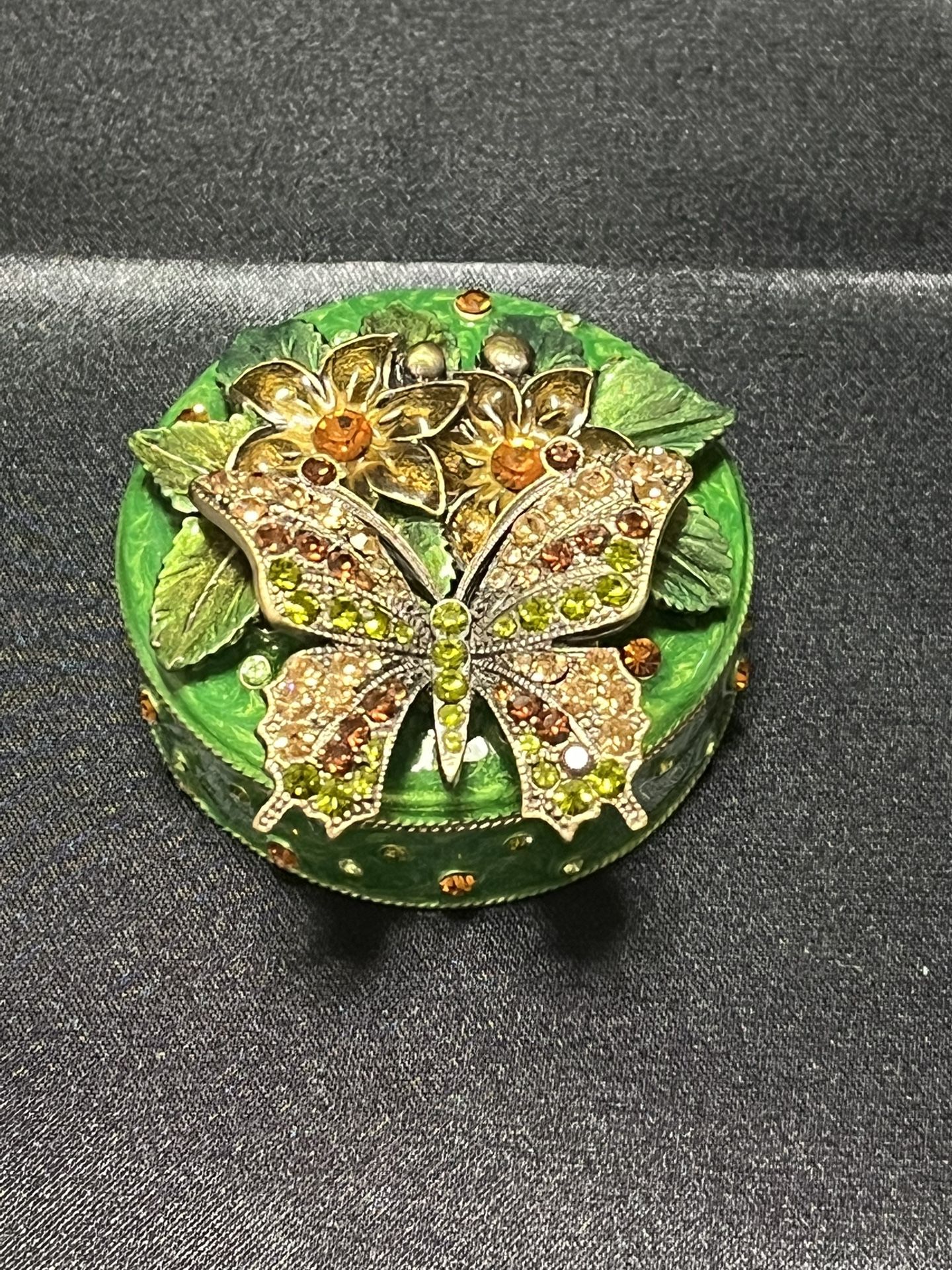 Vintage Round Butterfly Swarovski Crystal Brass Enamel Trinket Box