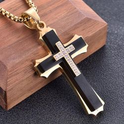 Avant-garde Multi-Layer 2-Tone Black & Gold Edgy Cross Pendant With 24" Chain Necklace 