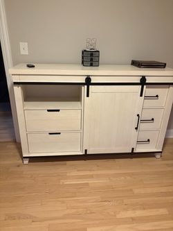 White Farmhouse Sideboard with Sliding Barn Door Dresser & 2 Nightstands