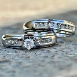 14K Solid White Gold Diamond Wedding Ring Set Size  7.5