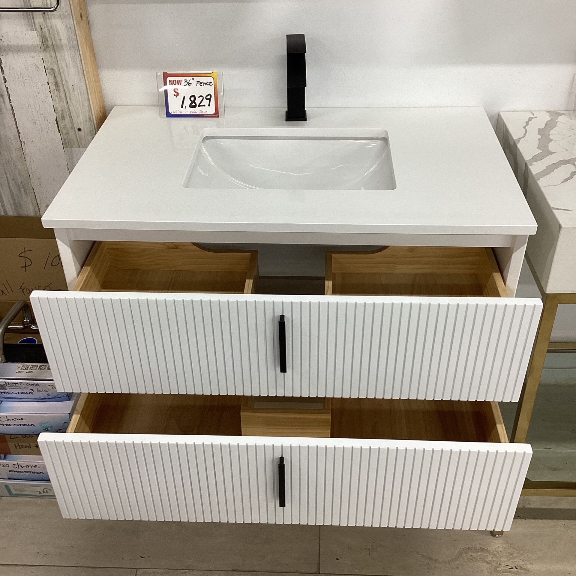 36” White Wall Mount Bathroom Vanity White Quartz Countertop