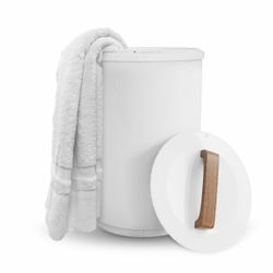 New SAMEAT Heated Towel Warmers for Bathroom - Large Towel Warmer Bucket, Wood Handle, Auto Shut Off, Fits Up to Two 40"X70" Oversized Towels, White