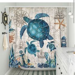 Witzest Teal Sea Turtle Shower Curtain Vintage Nautical Shower Curtain Cool Ocean Shower Curtain Beach Theme Shower Curtain Polyester 72x72 Inch