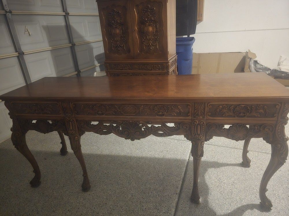 Hand Carved Antique Buffet Tabled & Liquor Cabinet