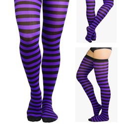 Women's Thigh High Nylon Purple Black Striped Stockings