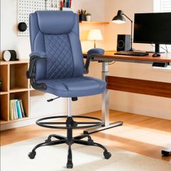 NAVY BLUE Drafting Chair, Tall Office Chair for Standing Desk, PU Leather Counter Computer Chairs