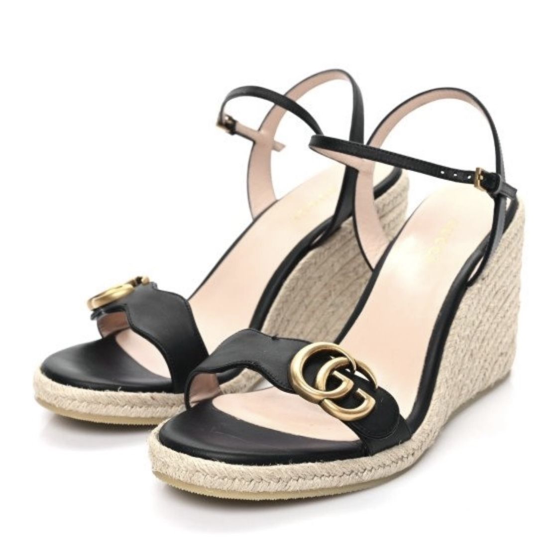 GUCCI MARMONT DOUBLE GG BLACK LEATHER SANDAL ESPADRILLE WEDGE HEEL SZ 42 NEW 