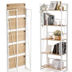 Folding Bookshelf Storage Shelves 5 Tiers Foldable Vintage Multifunctional Plant Flower Stand Storage Rack Shelves Bookcase for Home Office, White