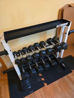 5lb thru 35lb Rubber Hex Dumbbell Set with Rack