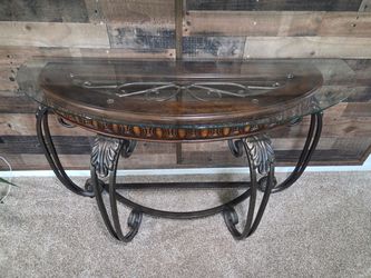 Glass wood and metal table